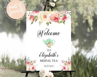 Bridal Tea Shower Welcome Sign, Blush Floral and Mint Teapot Tea Party Decor, Par-Tea Reception Sign, Printable, A1