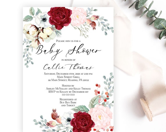 Blush and Burgundy Floral Baby Shower Invitation, Rustic Cotton Boll Botanical Baby Girl Shower Invite, Printable or Printed