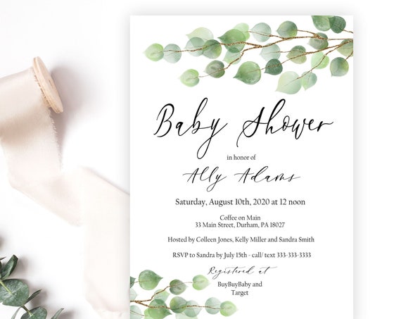 Eucalyptus Greenery Baby Shower Invitation, Watercolor Botanical Gender Neutral Baby invite, Printable or Printed