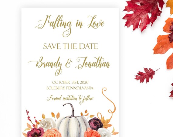 Falling in Love Save the Date, White Pumpkin and Peach and Burgundy Floral Wedding Announcement, Printable or Printed