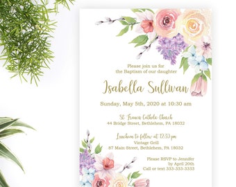 Spring Floral Baptism Invitation, Blush Pink Purple and Gold Christening Invite for Girl, Dedication, Printable or Printed