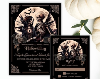 Halloween Goth Wedding Invitation, Skeleton Couple Hallowedding Invite, Creepy Vintage Style The Lovers Tarot Card, Printable or Printed