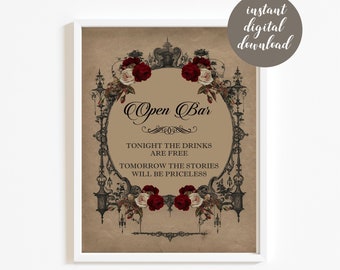Open Bar Wedding Sign, Printable Halloween Gothic Wedding Sign, Vintage Goth Burgundy Floral Reception Decor, Instant Download, V3