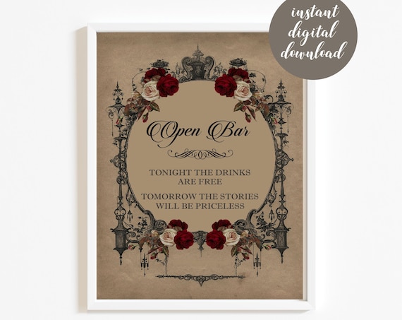 Open Bar Wedding Sign, Printable Halloween Gothic Wedding Sign, Vintage Goth Burgundy Floral Reception Decor, Instant Download