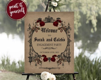 Elegant Vintage Goth Engagement Party Welcome Sign, Vintage Halloween Gothic Engagement Decor With Burgundy Flowers, Printable, V3