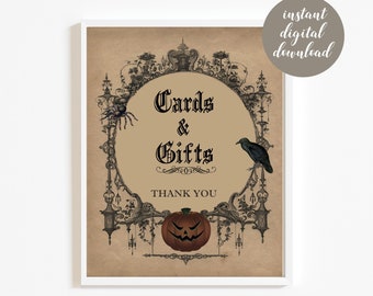 Cards and Gifts Sign, Printable Halloween Gothic Wedding Sign, Spooky Vintage Reception Decor, Instant Download