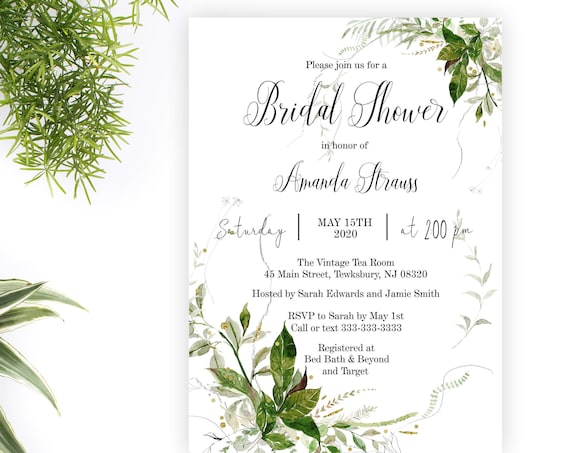 Greenery Bridal Shower Invitation, Watercolor Botanical Wedding Shower Invite, Boho Forest Woodland, Printable or Printed