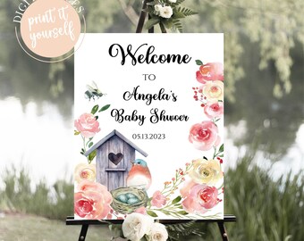 Pink Floral Baby Shower Welcome Sign, Bluebird Spring Baby Girl Sign Decor, Birdhouse and Nest Shower Signage, Printable