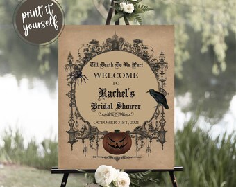 Halloween Gothic Bridal Shower Welcome Sign, Spooky Vintage Halloween Wedding Couples Shower Sign Decor, Printable, H1