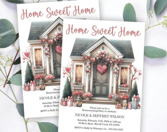 Valentine&#39;s Day Housewarming Party Invitation, New Home Celebration, Home Sweet Home, Pink Hearts and Flowers Cottage, Printable or Printed