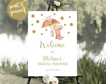 Umbrella Bridal Shower Welcome Sign, Blush Floral, Watercolor Rain Boots and Gold Glitter Rain Poster Decor, Printable, P5