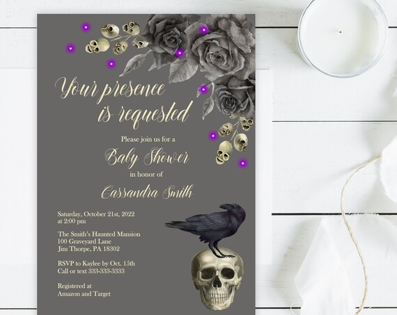 Halloween Goth Baby Shower Invitation, Skull and Raven Gender Neutral Invite, Gray Black Roses Purple Lights, Printable or Printed