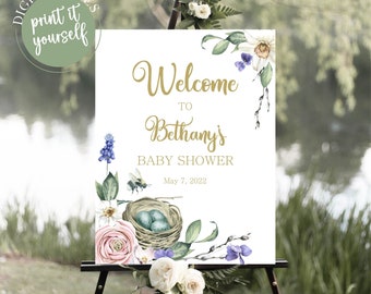 Spring Baby Shower Welcome Sign, Watercolor Spring Flowers, Nest and Bumble Bee Party Signage, Boy or Girl, Printable, E1