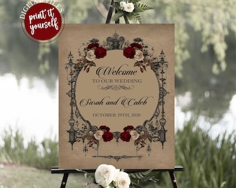 Elegant Vintage Goth Wedding Welcome Sign, Halloween Wedding Shower Sign With Burgundy Flowers, Printable, V3