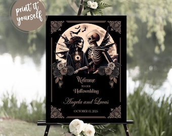 Skeleton Couple Wedding Welcome Sign, Vintage Goth The Lovers Tarot Card Reception Signage Decor, Gothic Hallowedding, Printable