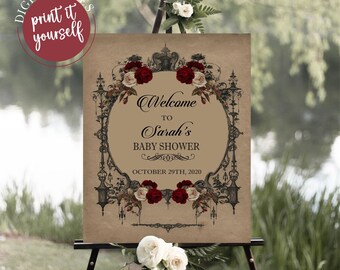 Vintage Goth Baby Shower Welcome Sign, Elegant Halloween Gothic Baby Girl Signage Decor With Burgundy Flowers, Printable, V3