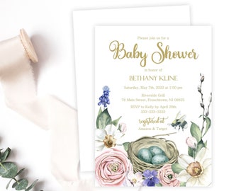 Spring Baby Shower Invitation, Daffodils, Pansy, Rose, and Nest With Eggs Watercolor Invite, Gender Neutral, Printable or Printed, E1