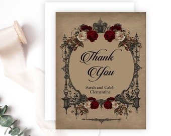 Vintage Gothic Thank You Cards, Printed Burgundy Floral Goth Wedding or Shower Note Cards, Marsala Thank Yous, V3