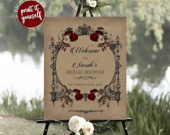 Elegant Vintage Goth Bridal Shower Welcome Sign, Halloween Wedding Shower Sign With Burgundy Flowers, Printable, V3