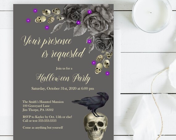 Halloween Party Invitation, Creepy Gothic Costume Party Invite, Haunted Goth Skull and Raven Masquerade Party, Printable or Printed