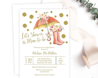 Umbrella Baby Shower Invitation, Shower the Mom-to-Be Blush Floral and Gold with Polka Dot Rain Boots Invite, Printable or Printed. P5