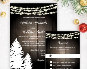 Winter Wedding Invitation, Rustic Pine Tree and String of Lights Wedding Suite, Christmas December Winter Wonderland, Printable or Printed