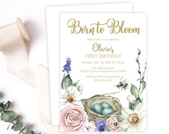 Spring First Birthday Invitation, Born to Bloom Daffodils, Pansy, Rose, and Nest With Eggs Watercolor Invite, Printable or Printed, E1