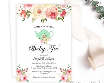 Baby Tea Party Invitation, Blush Floral and Mint Teapot Baby Girl Shower Invite, High Tea Brunch, Printable or Printed, A1