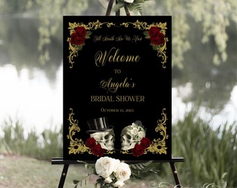 Halloween Gothic Bridal Shower Welcome Sign, Goth Skulls and Vintage Burgundy Flowers Sign Decor, Black and Gold, Printable, S1