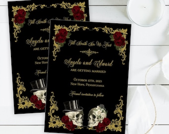 Halloween Goth Save the Date, Vintage Spooky Skulls Wedding Announcement, Burgundy Floral Victorian, Printable or Printed, S1