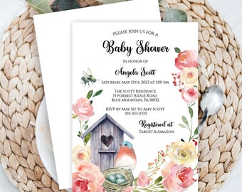 Bluebird Baby Shower Invitation, Pink and Blush Floral Baby Girl Invite, Spring Feather Her Nest Shower or Sprinkle, Printable or Printed