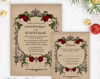 Winter Wedding Invitation, Vintage Christmas or December Wedding Suite, Elegant Blush and Burgundy Floral Invite, Printable or Printed