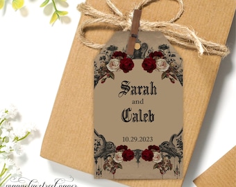 Elegant Goth Wedding Favor Tags, Burgundy Flowers, Vintage Style Thank You Tags for Bridal, Baby Shower, Birthday Printable or Printed, V3