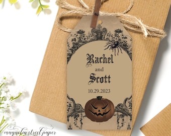 Halloween Goth Wedding Favor Tags, Spooky Pumpkin Thank You Tags for Bridal, Baby Shower, Vintage Gothic Printable or Printed