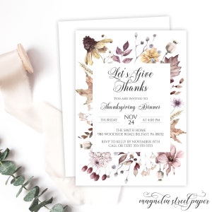 Thanksgiving Dinner Invitation, Fall Wildflowers, Let&#39;s Give Thanks, Friends Giving, Harvest Party Invite, Printable Digital or Printed