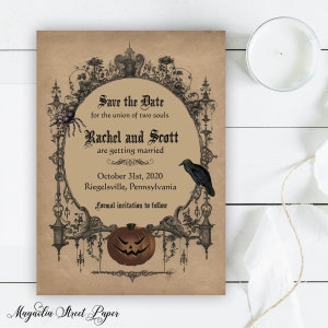 Halloween Goth Save the Date Invitation, Vintage Spooky October Wedding Announcement, Spooky Raven and Spider, Printable or Printed