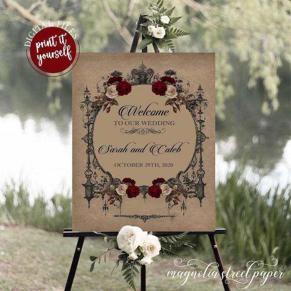 Elegant Vintage Goth Wedding Welcome Sign, Halloween Wedding Shower Sign With Burgundy Flowers, Printable, V3