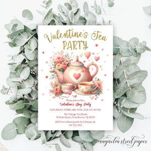 Valentine's Day Tea Party Invitation, Brunch and Tea With Girlfriends, Galentine's Party, Valentine's Birthday, Printable or Printed