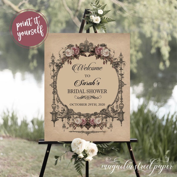 Elegant Goth Bridal Shower Welcome Sign, Vintage Halloween Wedding Shower Sign Decoration, Printable, V1