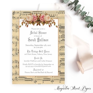 Music Sheet Bridal Shower Invitation, Vintage Shabby Wedding Shower Invite, Blush and Pink Floral Roses, Printable or Printed