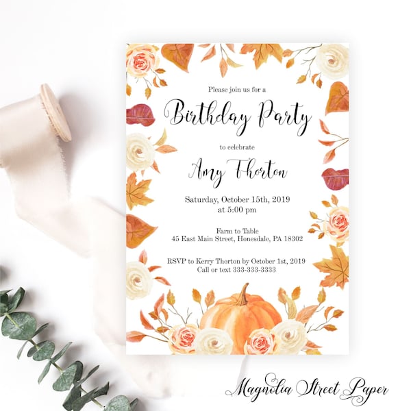 Falling Leaves and Pumpkin Birthday Party Invitation, Adult or Child Autumn / Fall Floral Birthday Invite, Printable or Printed