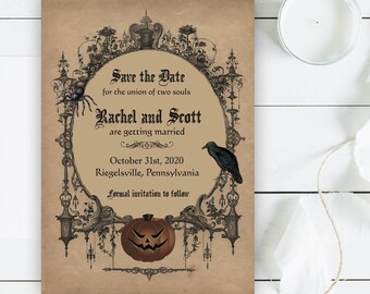 Halloween Goth Save the Date Invitation, Vintage Spooky October Wedding Announcement, Spooky Raven and Spider, Printable or Printed