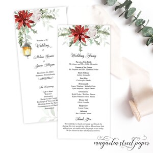 May include: A wedding ceremony program with a winter theme. The program features a watercolor illustration of a lantern, holly, and poinsettia. The text includes the names of the bride and groom, Melissa Hunter and Gavin Meyers, the date of the wedding, December 18, 2023, and the location, Shawnee, Pennsylvania. The program also includes the wedding party, the ceremony order, and a thank you message.