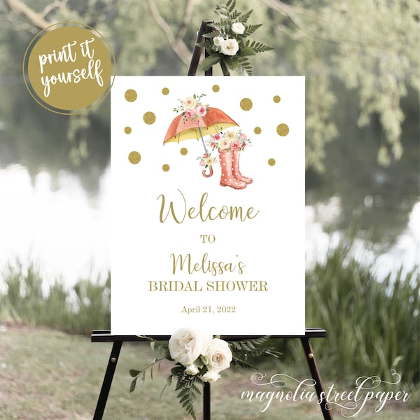 Umbrella Bridal Shower Welcome Sign, Blush Floral, Watercolor Rain Boots and Gold Glitter Rain Poster Decor, Printable, P5