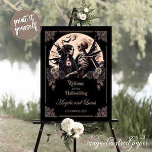 Panneau de bienvenue de mariage couple squelette, décoration vintage Goth The Lovers Tarot Card réception signalisation, sanctification gothique, imprimable