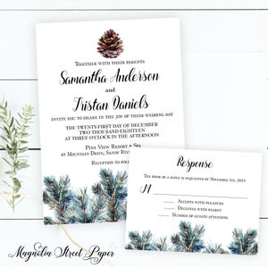 Pine Cone Wedding Invitation, Rustic Winter Wedding Invite, Elegant December Christmas Suite, Woodland Forest Themed