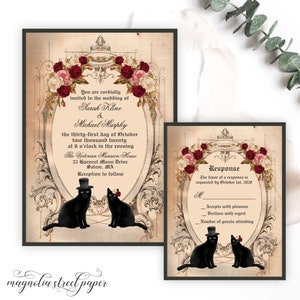 Black Cat Wedding Invitation, Vintage Halloween Cat Couple Wedding Invite, Goth Blush and Burgundy Floral, Printable or Printed