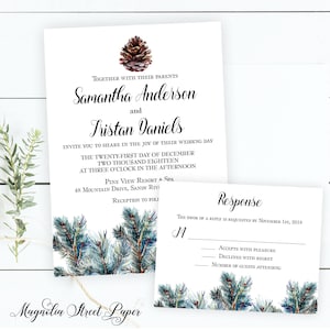 Pine Cone Wedding Invitation, Rustic Winter Wedding Invite, Elegant December Christmas Suite, Woodland Forest Themed