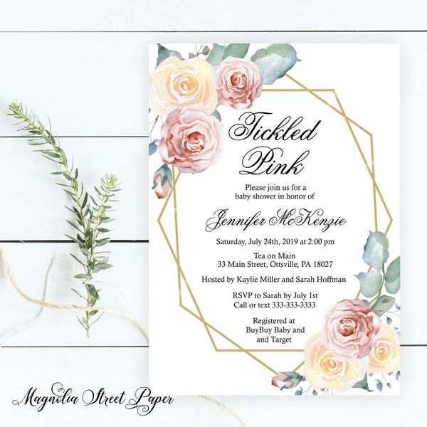 Tickled Pink Baby Shower Invitation, Modern Blush Floral and Gold Geometric Watercolor Baby Girl Invite, Printable or Printed