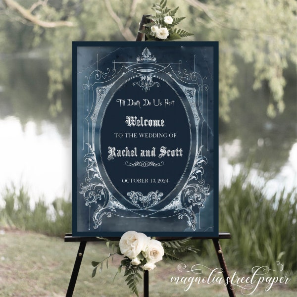 Spooky Goth Wedding Welcome Sign, Halloween Vintage Gothic Reception Signage Decor, Till Death Do Us Part, Black and White, Printable